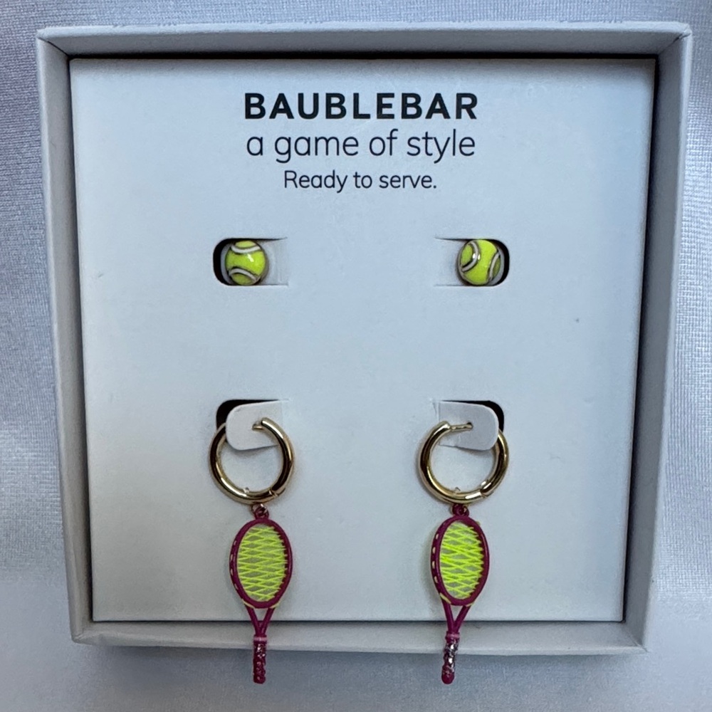 BaubleBar Tennis Earrings Set Ball Studs Racket Hoops New In Box